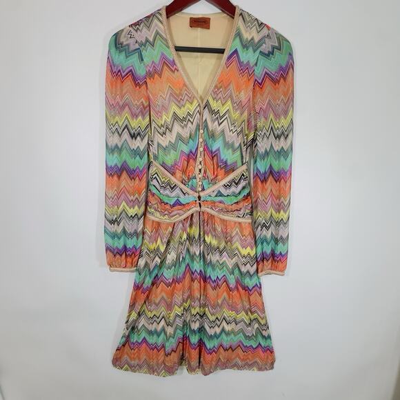 Missoni Italy Multicolor Zigzag Knit Long Sleeve Dress Rayon Silk Lined Small - Picture 2 of 16